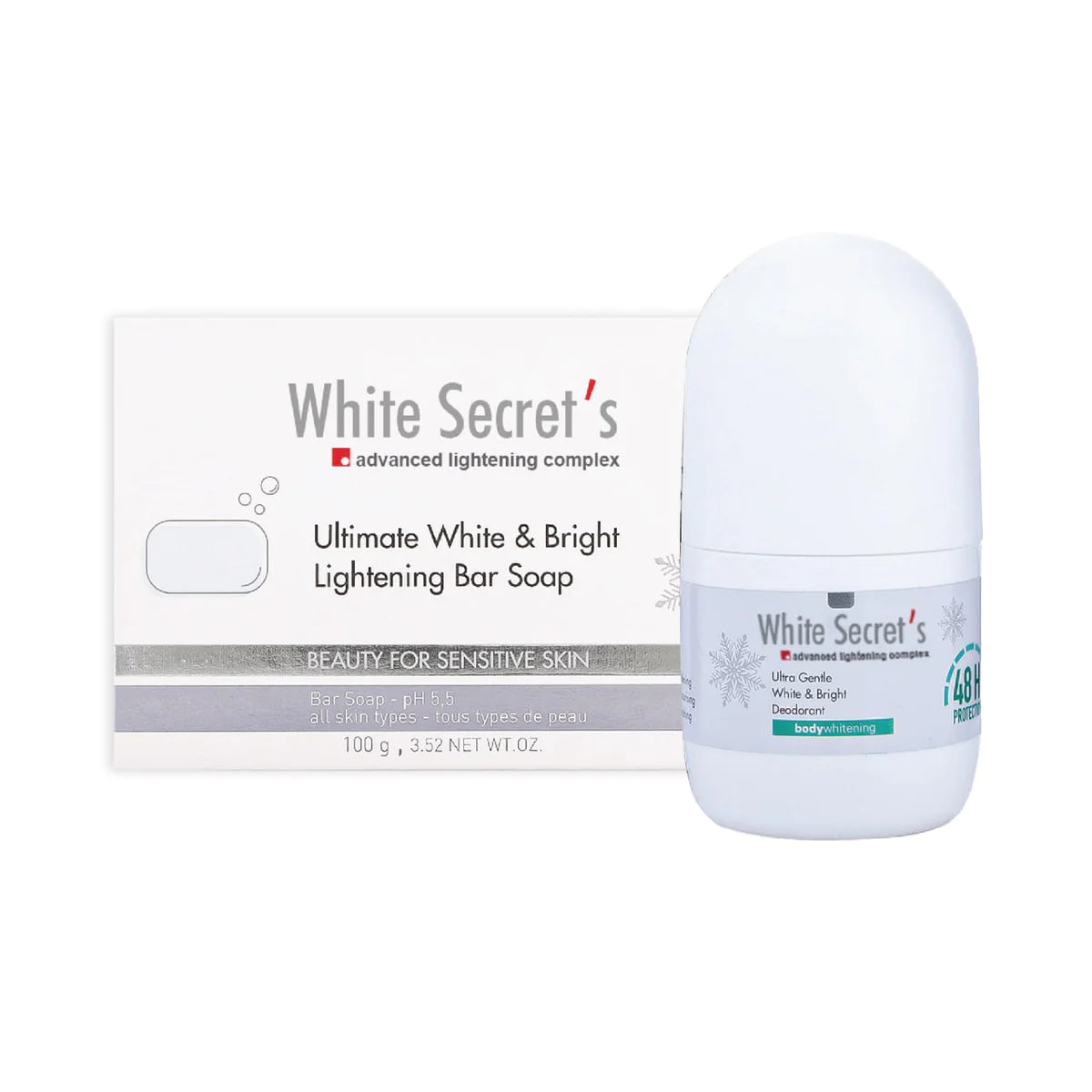 White Secret's WHITE & BRIGHT DEODORANT + LIGHTENING BAR SOAP Package